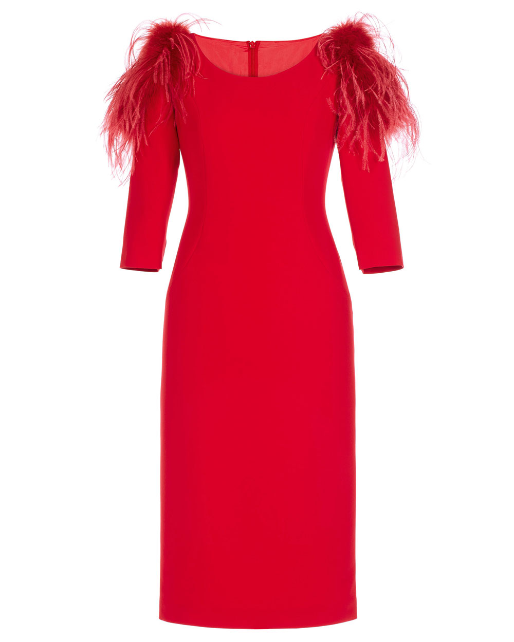 Vestido-corto-rojo-plumas-hombro-Teresa-Ripoll